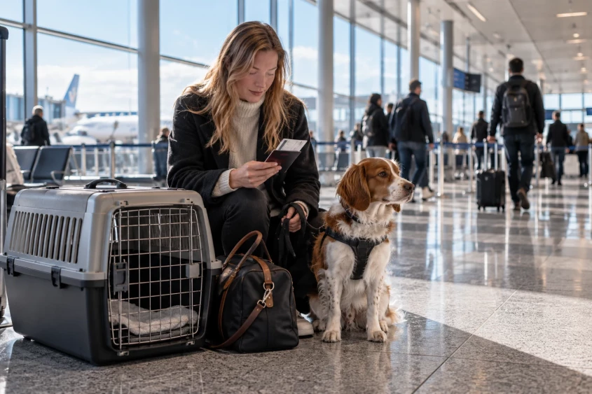 Hund og eier med transportbur p&aring; flyplassen