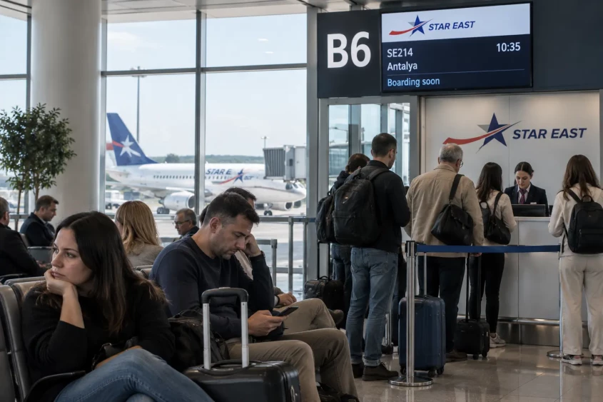 Pasageri Star East Airline aștept&acirc;nd la poarta de &icirc;mbarcare