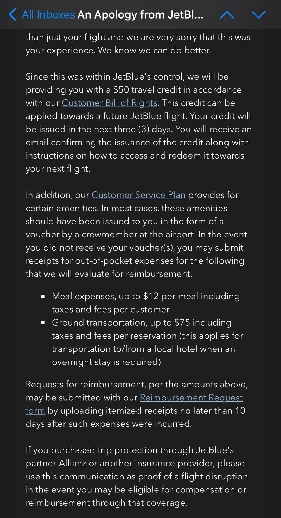 An example of an email regarding jetBlue reimbursement with a link to the reimbursement request claim form