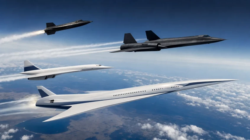 Fyra jetflygplan i formation h&ouml;gt &ouml;ver jordklotet