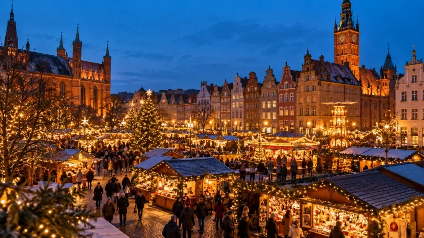 Opplyst julemarked i gamlebyen i Gdańsk om kvelden