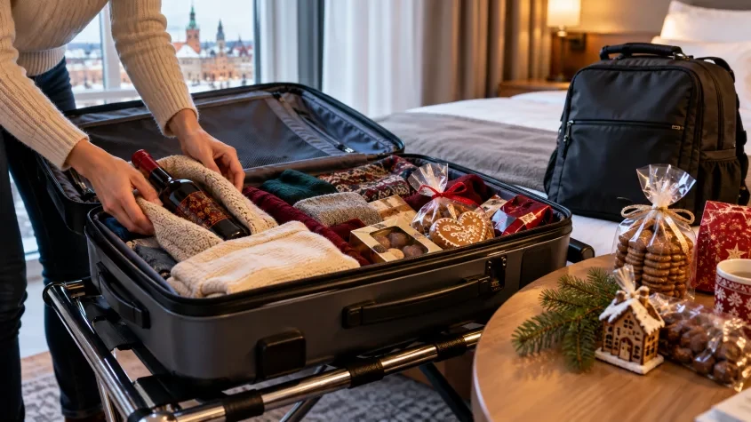Koffert pakkes med julegaver og pepperkaker fra julemarkedet