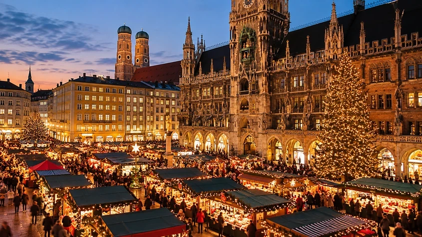 Kerstmarkt in Duitsland met kraampjes en een verlichte kerstboom