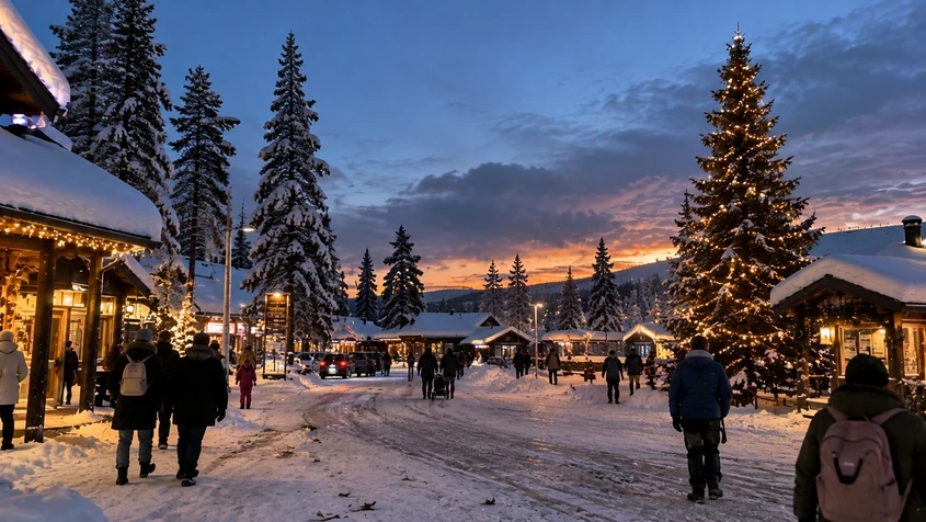 Besneeuwd dorp in Lapland met kerstverlichting bij schemering