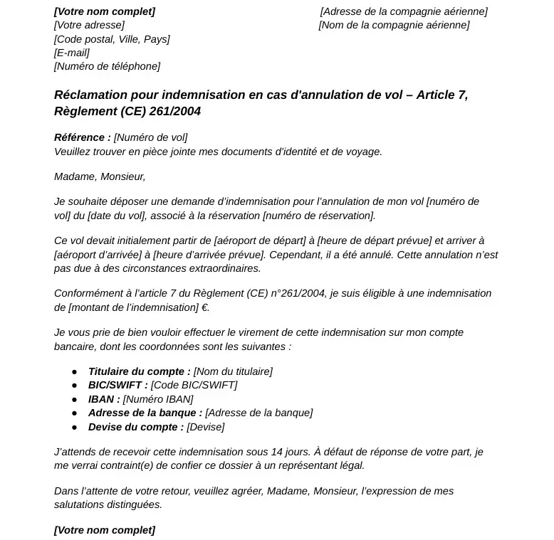 exemple de lettre de demande de compensation