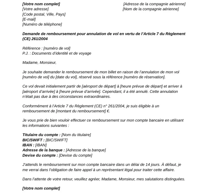 lettre de demande de remboursement