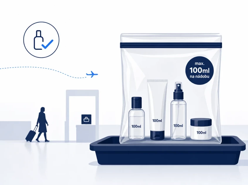 Tekutiny do 100 ml na n&aacute;dobu v jednom průhledn&eacute;m s&aacute;čku na bezpečnostn&iacute; kontrole