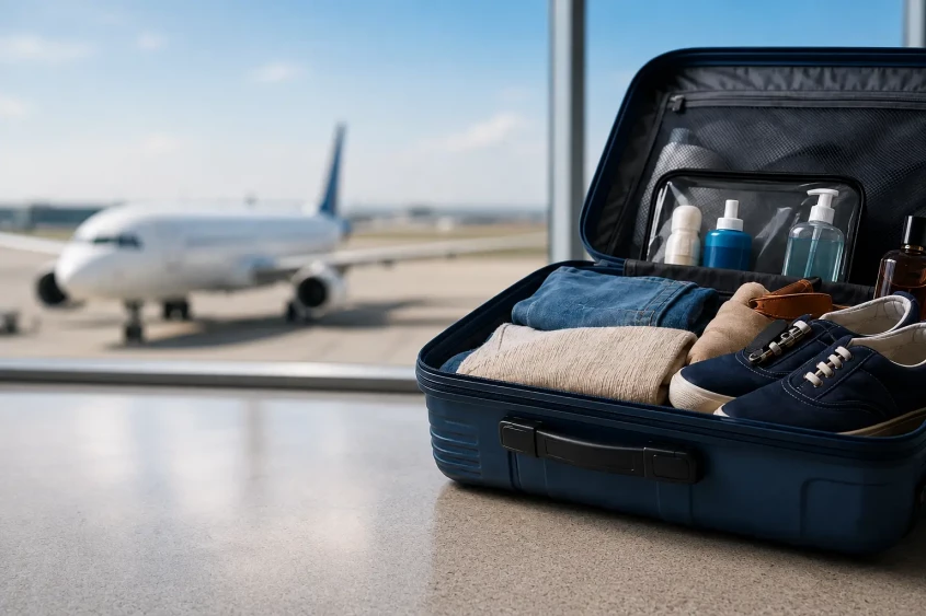 Bagaj de cală deschis &icirc;ntr-un aeroport cu avion vizibil &icirc;n fundal