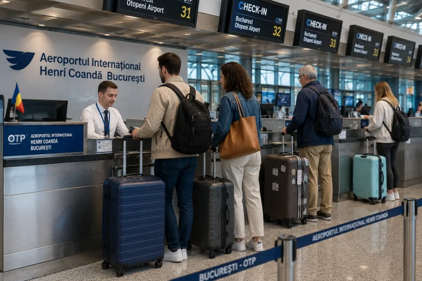 Pasageri cu bagaje mari la ghișeele de check-in la Aeroportul Henri Coandă București