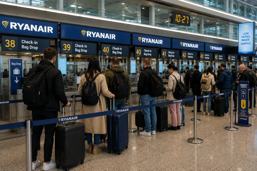 Pasageri cu bagaje de cală care așteaptă la ghișeul Ryanair