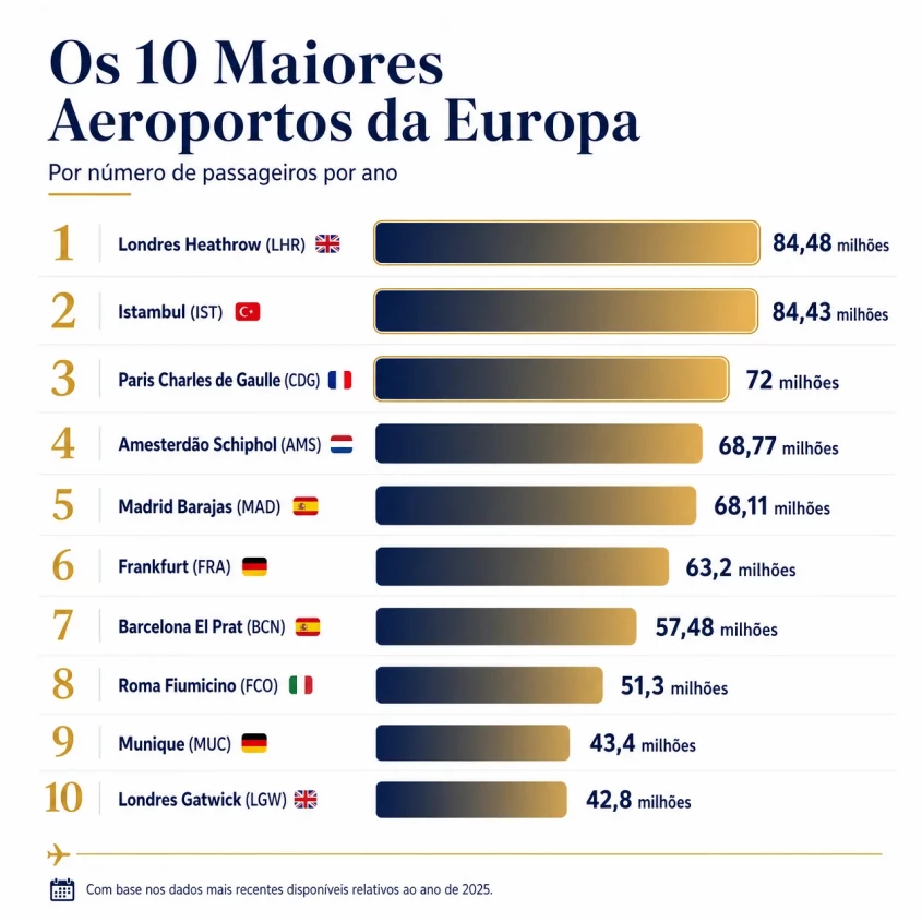 Ranking dos 10 maiores aeroportos da Europa por n&uacute;mero de passageiros