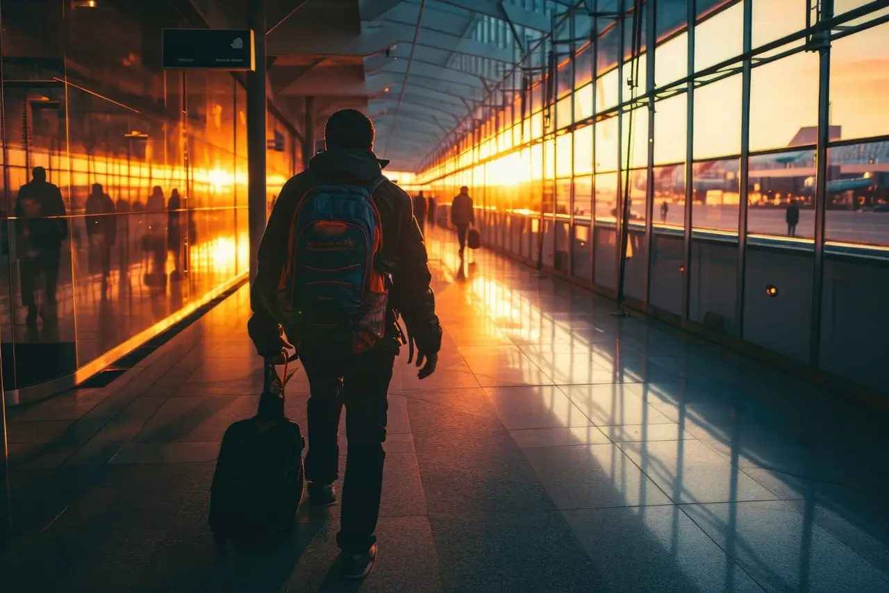 hombre caminando con mochila y maleta por la terminal de aeropuerto