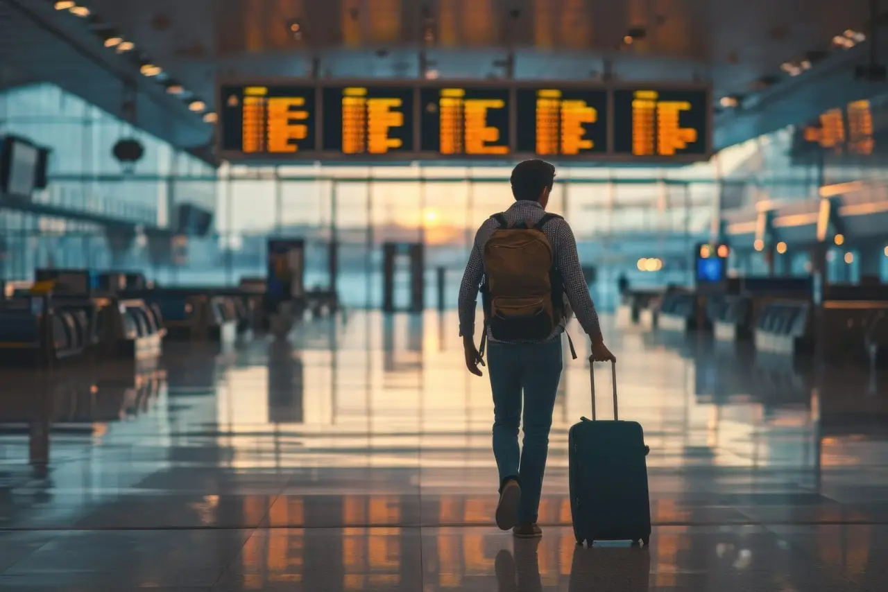 hombre con mochila y maleta caminando por el aeropuerto