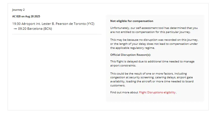 The message you get when you don&rsquo;t qualify for Air Canada reimbursement