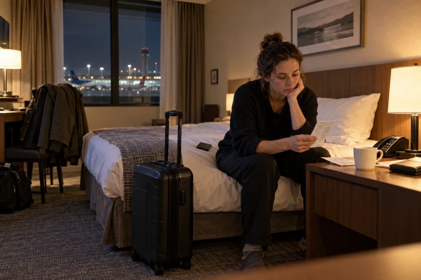 Reisende venter p&aring; hotellrommet etter et kansellert fly