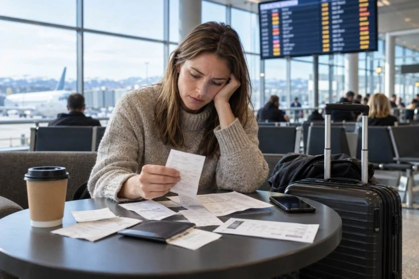 Kvinne g&aring;r gjennom kvitteringer p&aring; flyplassen etter en forsinket flyreise