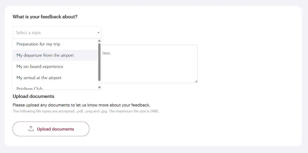 The options for the feedback form on the Qatar Airways website