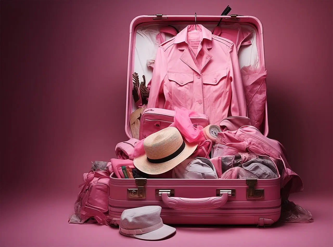 rosa resväska med innehåll