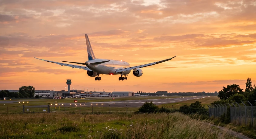 Passagerfly der lander i solnedgangen