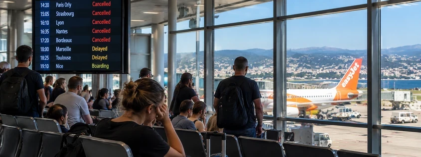 Passagers en attente &agrave; l'a&eacute;roport devant un tableau de vols annul&eacute;s