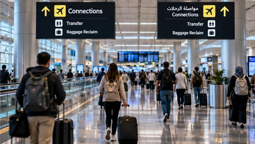Passasjerer i transitt f&oslash;lger skiltene mot Connections p&aring; en stor flyplass