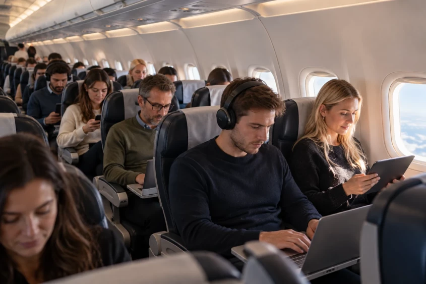 Passasjerer bruker laptop, mobil og nettbrett p&aring; flyets WiFi