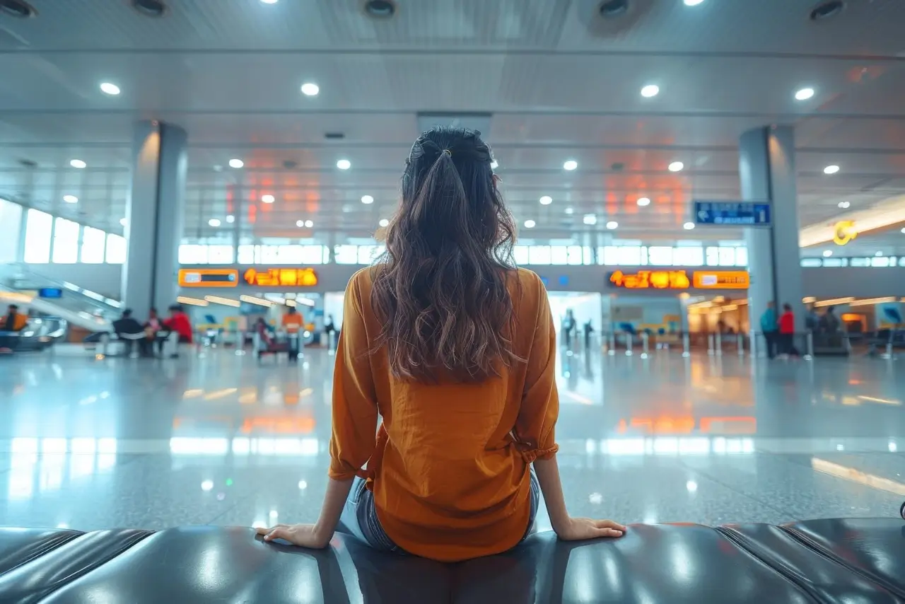 pasajero sentado en el hall del aeropuerto
