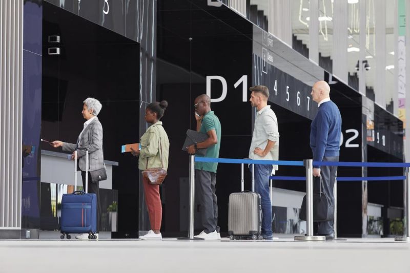 A queue of passengers waiting to board a delayed Finnair flight