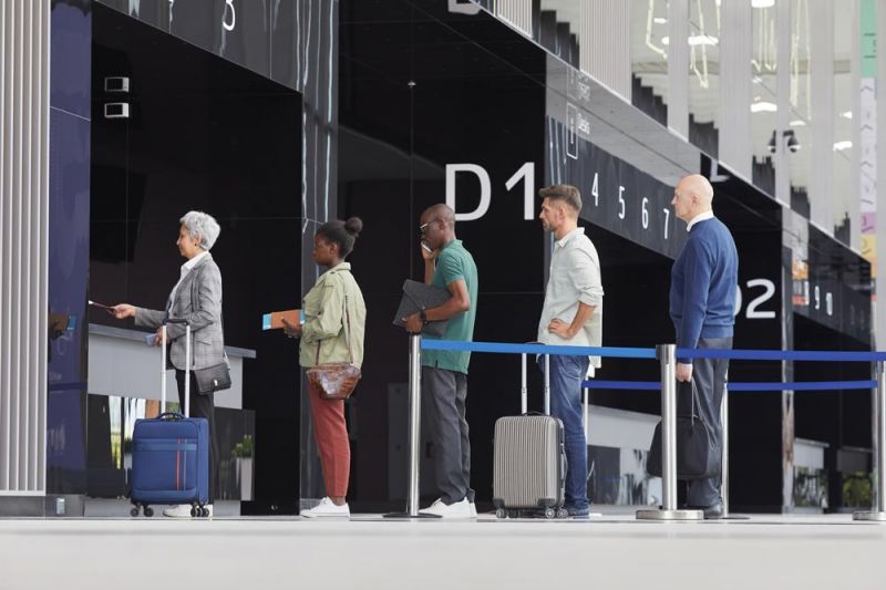 A queue of passengers waiting to board a delayed Wizz Air flight