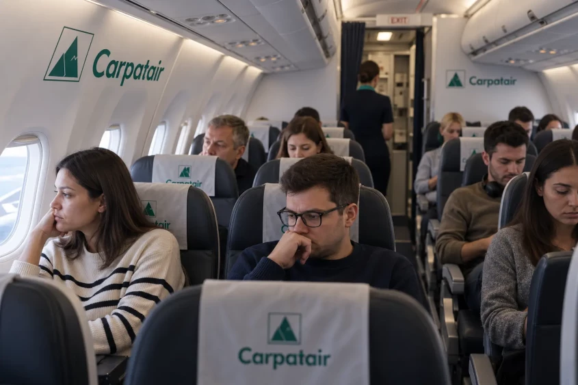 Pasageri la bordul unei aeronave Carpatair aștept&acirc;nd decolarea zborului