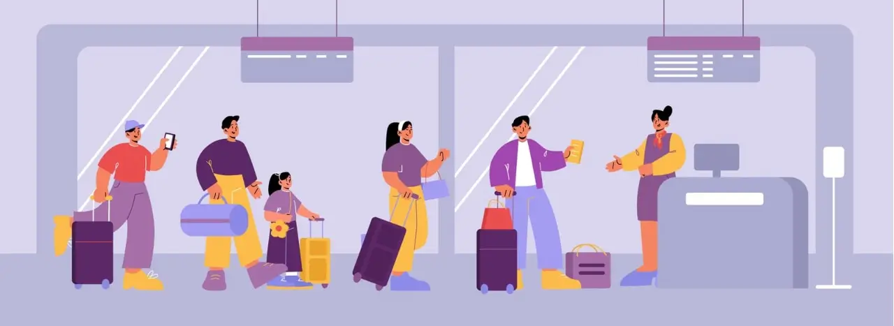 personas en cola para facturar en el aeropuerto