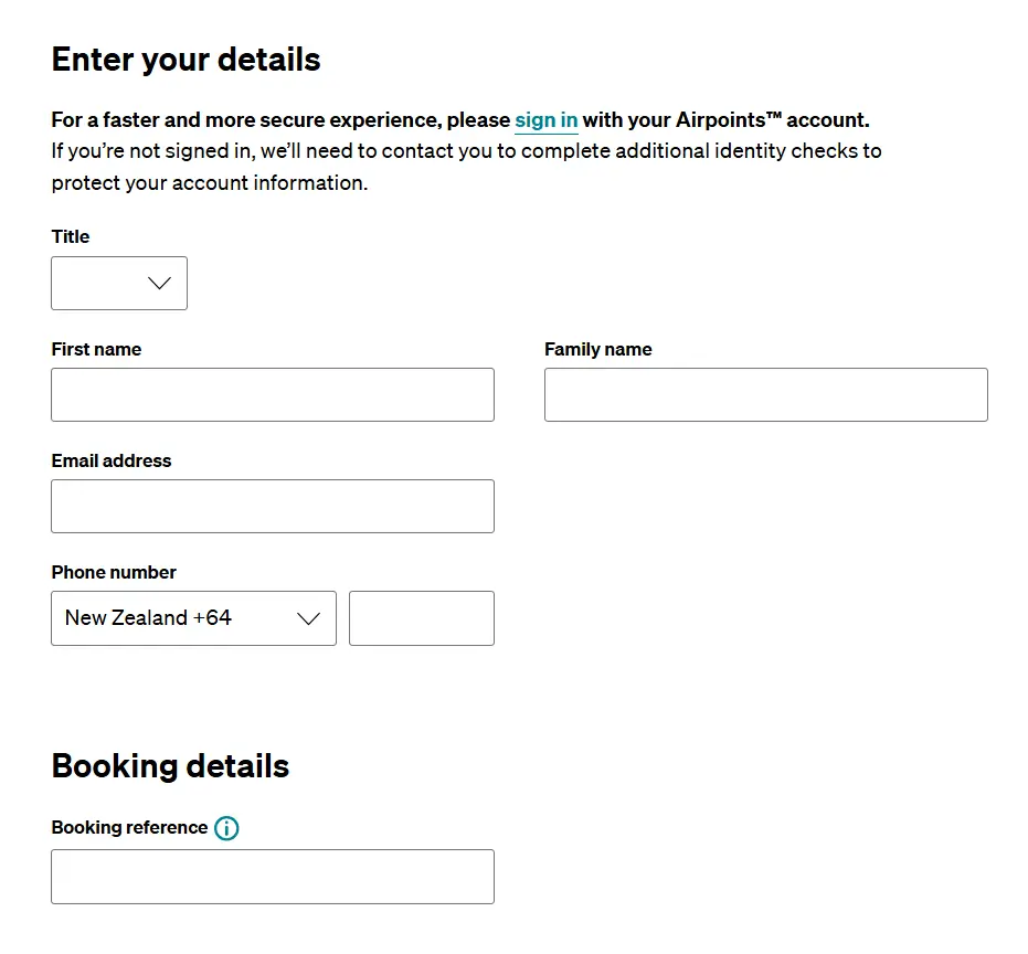 The personal details section of the Air New Zealand feedback form for reimbursement.