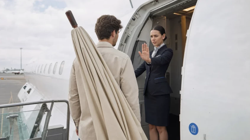 Resen&auml;rer g&aring;r ombord p&aring; flygplan med parasoll