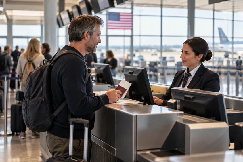Reisende med pass ved innsjekkingsskranken p&aring; en amerikansk flyplass