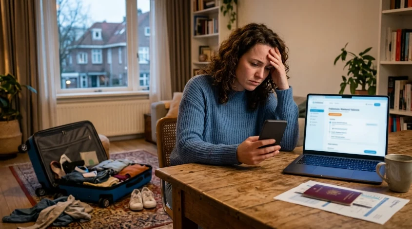 Reiziger leest bezorgd de reactie van haar reisverzekeraar
