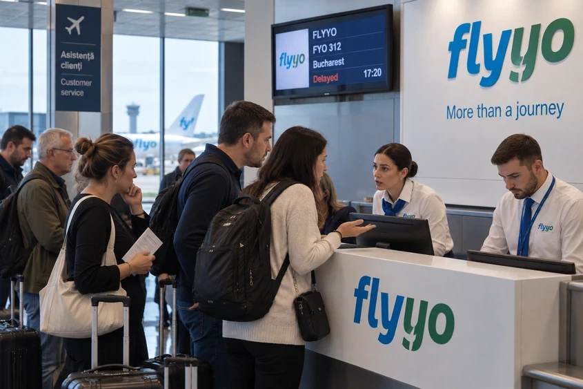 Pasageri la ghișeul de asistență Flyyo din aeroport
