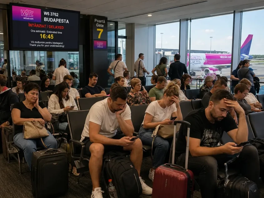 Pasageri Wizz Air aștept&acirc;nd la poarta de &icirc;mbarcare