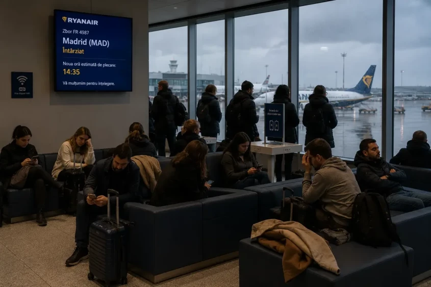 pasager așteaptă &icirc;n lounge-ul aeroportului