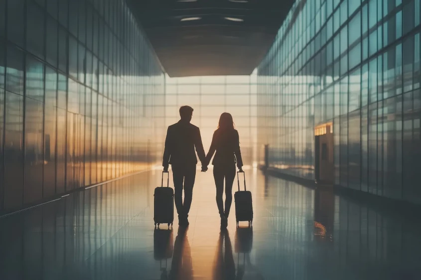 silhueta de casal rom&acirc;ntico de m&atilde;os dadas no aeroporto