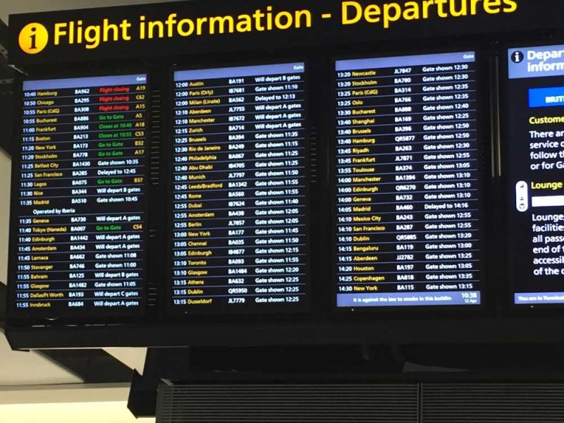 Information screen with flight cancellations in Heathrow