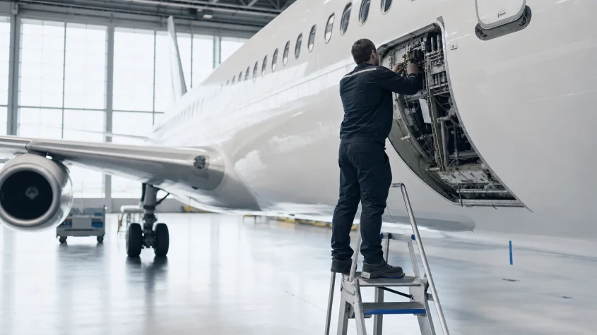 Servicetekniker genomf&ouml;r en rutinkontroll av ett flygplan