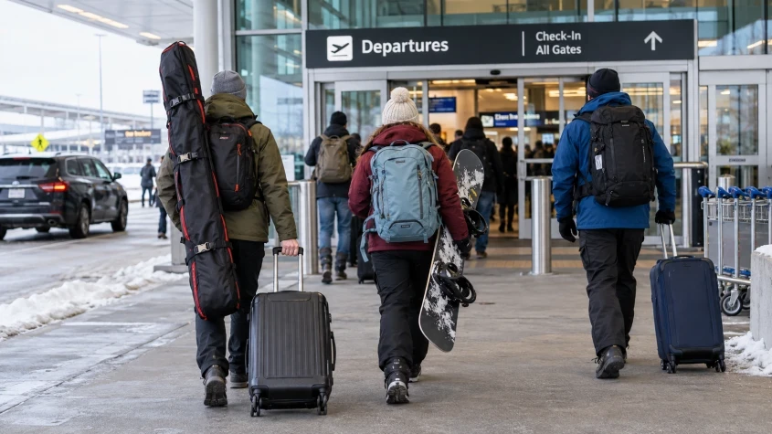 Putnici sa skijama i snowboard opremom ispred aerodroma