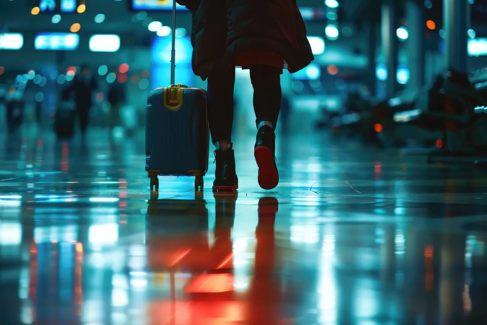 someone walking through an airport with luggage