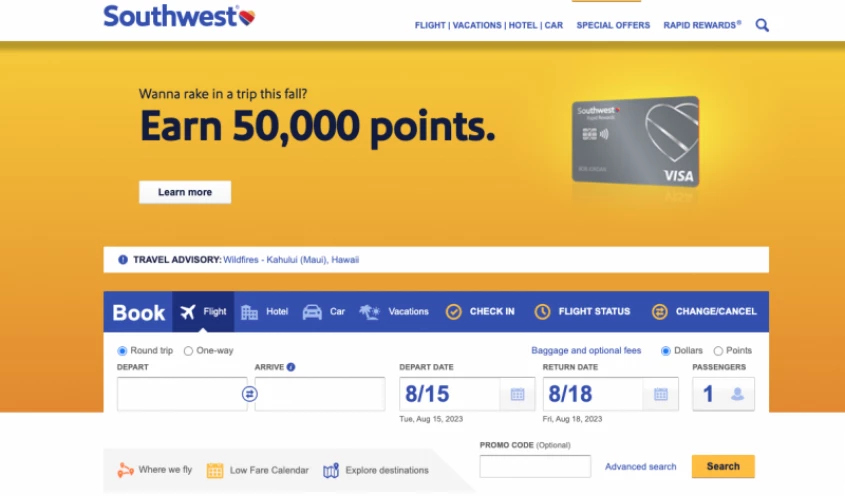 southwest airlines ticket purchase website page