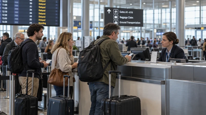 Putnici u redu na &scaron;alteru avio-kompanije na aerodromu