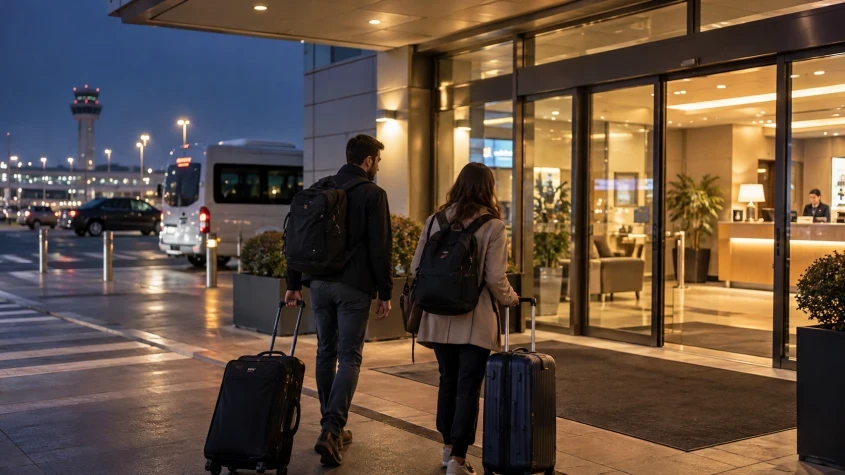 Putnici sa koferima ulaze u hotel pored aerodroma