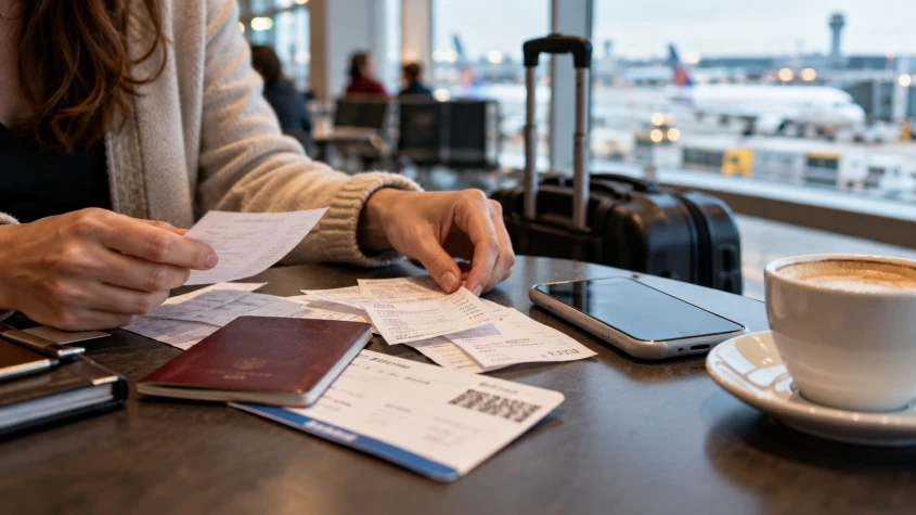 Putnica pregleda račune i karte za ukrcavanje na aerodromu