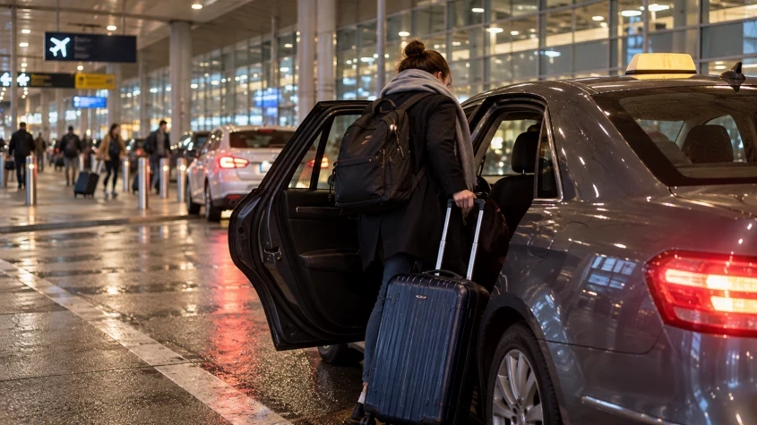 Putnica sa koferom ulazi u taksi ispred aerodroma