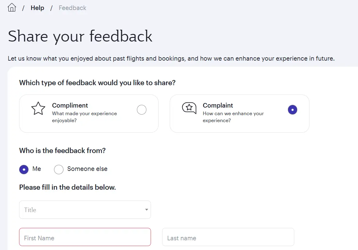 The start page for the Qatar Airways customer service feedback form