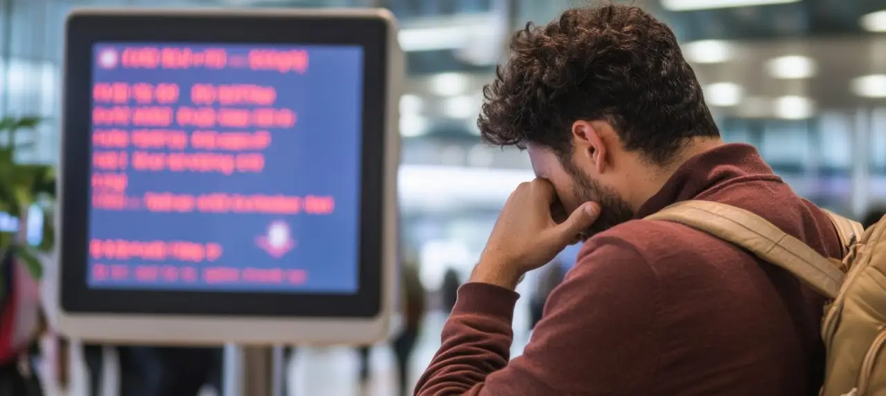 Reiziger op de luchthaven kijkt bezorgd naar het vertrekbord na een vluchtwijziging